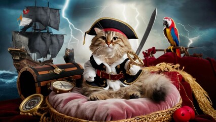 Obraz premium fluffy eye patch pirate costume tabby cat mini sword cute animal pet portrait adorable