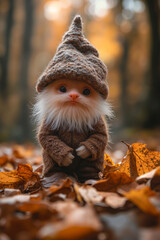 Naklejka premium A small stuffed animal wearing a knitted hat sitting in the leaves