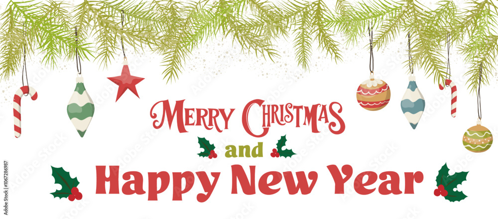 Fototapete merry christmas and happy new year banner with christmas tree branches. background for website, bann