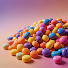 Obraz premium A pile of colorful candies on a pink surface.