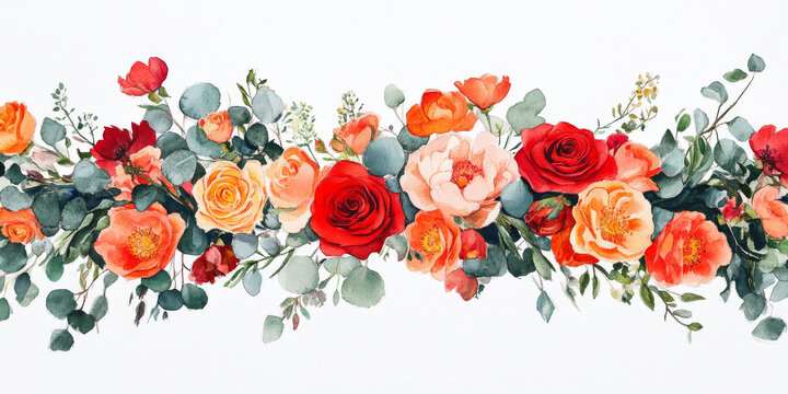 Watercolor frame with bright orange blossoms, red roses, and peach peonies intertwined with eucalyptus greenery, forming a beautiful botanical border for stationary