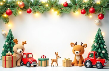 frame for text made from colourful kids toys, realistic forest animals, toy cars, balls, cubes, with golden garland lights, on white Christmas background, festive golden bokeh
