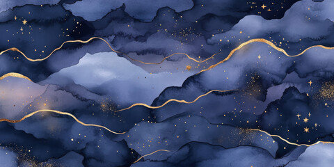 Fototapeta premium Elegant seamless night sky pattern with shimmering gold constellations, soft watercolor stars, and deep, rich clouds in shades of dark blue and violet