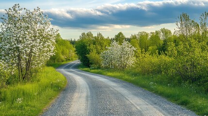 Fototapeta premium A rural gravel road leading through an orchard of fruit trees, with blossoms and green foliage creating a serene agricultural scene