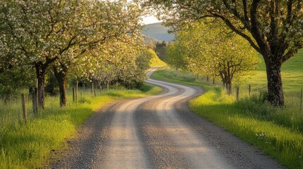 Naklejka premium A rural gravel road leading through an orchard of fruit trees, with blossoms and green foliage creating a serene agricultural scene