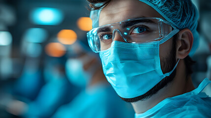 A focused medical professional wears protective gear on blurred hospital environment background, during evening hours.