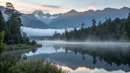 New Zealand, Westland District, Fox Glacier, Lake Matheson at dawn with mountains shrouded in fog in background