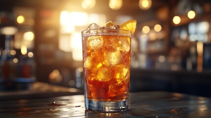 Soda garnished with a lemon slice on the rocks in a bar setting, evoking a relaxed and enjoyable atmosphere.