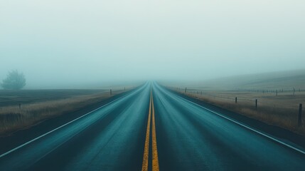 Fototapeta premium A long, empty road stretching into the foggy distance, with layers of mist creating an ethereal, dreamy landscape