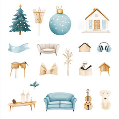 Fototapeta premium collection of clipart style illustrations featuring holiday themed items like Christmas tree, ornaments, and cozy home decor in soft pastel colors