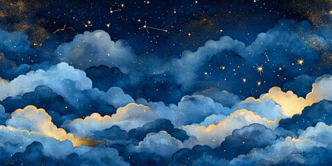 Dreamy seamless pattern of a starlit night sky featuring intricate gold foil constellations, watercolor clouds, and a gradient of midnight blues