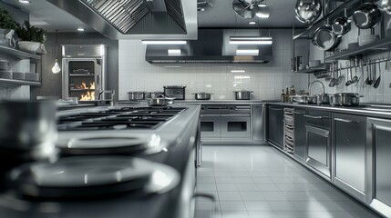 professional kitchen equipped stainless steel appliances set culinary excellence. space organized preparing exquisite dishes precision.