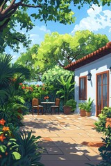 Fototapeta premium Charming terrace scene of a house, whimsical children's book illustration, vibrant colors, inviting atmosphere, playful details, joyful ambiance