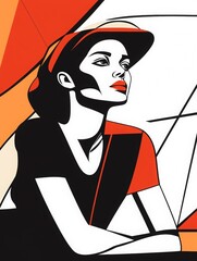 Bauhaus Inspired Female Figure, striking graphic design, minimalist aesthetic, vibrant colors, bold shapes, contemporary art influence