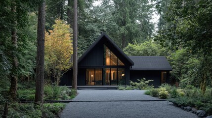 Fototapeta premium A modern A-frame cabin with bold black accents, expansive windows, set amid tall trees, with gravel driveway blending into forest floor.