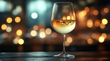 Wine glass full of wine, sitting on a bar surrounded by candlelight.