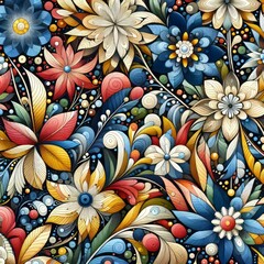 Abstract Floral Patterns An array of flowers and leaves drawn wi