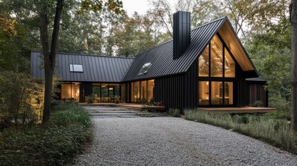 Obraz premium A-frame cabin with striking black metal accents, expansive windows, nestled in woods, gravel driveway adding natural rustic texture.