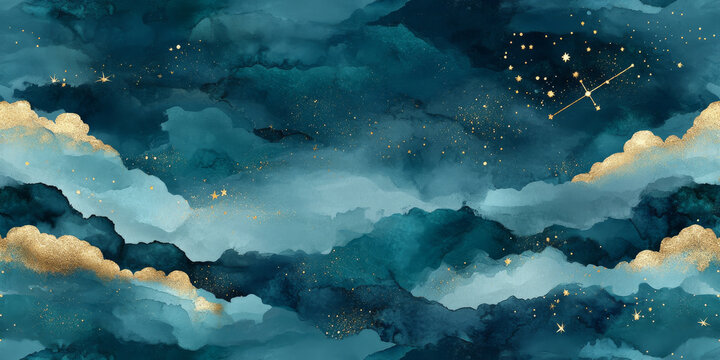 Ethereal seamless night sky pattern featuring gold foil stars, constellation designs, and watercolor clouds in navy and teal hues