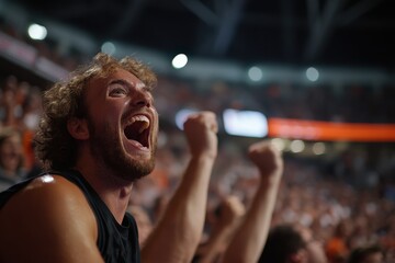A bearded man energetically cheers in a crowded stadium, capturing the excitement and community spirit while enjoying a thrilling live sports event experience.