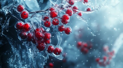 Frozen Viburnum Berries Covered in Frost on Winter Branch
