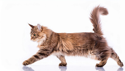Close up Cute tabby cat jumping on white background.