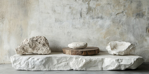 Textured white stone podium with a rustic, natural finish, ideal for organic or artisanal product display