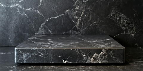 Fototapeta premium A striking black stone podium with glossy and matte surfaces for high-end product presentation, set on a dark marble floor