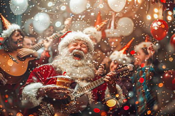 Santa claus birthday celebration with music and festive cheer