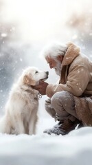 Obraz premium Elderly man and fluffy dog share a tender moment in a snowy winter wonderland, AI