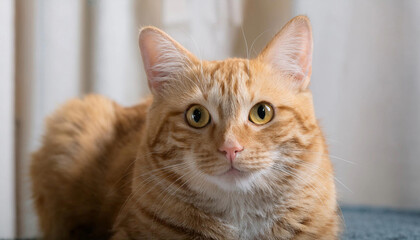 Close up Cute Ginger tabby cat lies relaxing in the comfort of their home