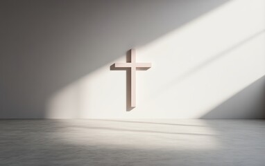 Naklejka premium A simple cross backlit with warm light, mounted on a plain wall, casting long shadows, emphasizing a modern and peaceful representation of faith