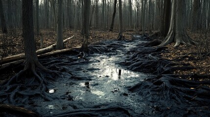 Obraz premium Dark tar pit in desolate woods, black ooze flowing among gnarled tree roots, surrounded by haunting shadows and dim light.