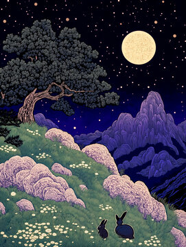 Illustrated night scene featuring a full moon, two rabbits on a flower-strewn hillside, and a starry sky, evoking a magical, peaceful atmosphere