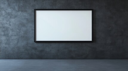 Modern gallery with a blank black frame on a dark textured wall, spotlit for high visual impact and mockup use