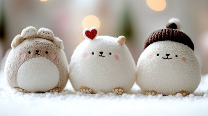 Adorable plush toys with cute expressions and cozy accessories on a snowy surface, AI