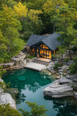 Fototapeta premium A house in the middle of a forest next to a body of water