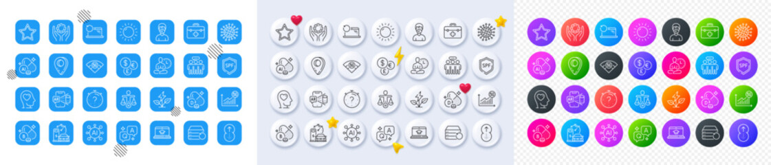 Coronavirus, First aid and Star line icons. Square, Gradient, Pin 3d buttons. AI, QA and map pin icons. Pack of Swipe up, 5g wifi, Eco power icon. Vector