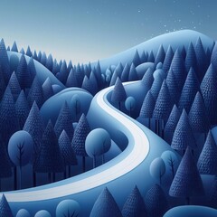Obraz premium A serene winter landscape featuring a winding road through snow-covered hills and trees, evoking a calm, peaceful atmosphere.