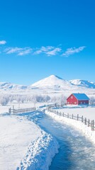 A serene winter landscape featuring a red barn and snowy mountains.