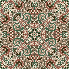Green and Beige Eastern Pattern with Ram Horn Motifs