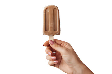hand holds a chocolate popsicle on transparent background