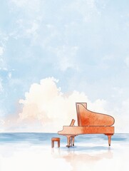 Tranquil beach scene with grand piano and cloudy sky in watercolor art style