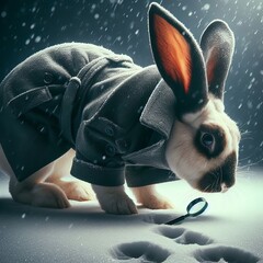 A Flemish Giant rabbit wearing a detective's trench coat investi