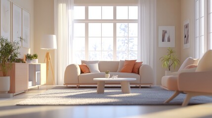 Fototapeta premium Modern Living Room with Beige Sofa and Large Windows