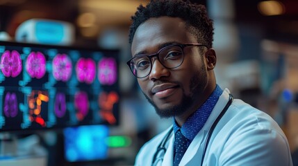 Fototapeta premium Portrait of a Confident African American Doctor in a Lab Coat with Stethoscope
