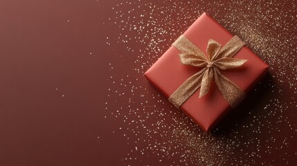 Elegant red gift box with gold ribbon and glitter on a chic brown background