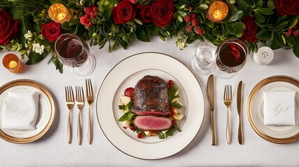 Elegant Gourmet Dinner Setting with Grilled Steak and Festive Floral Arrangement.