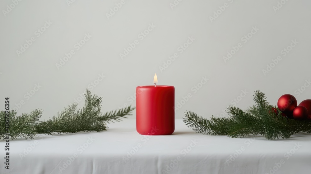 Fototapete Single red candle centered on a white surface, minimal festive greenery surrounding its base, creating a soft holiday glow.