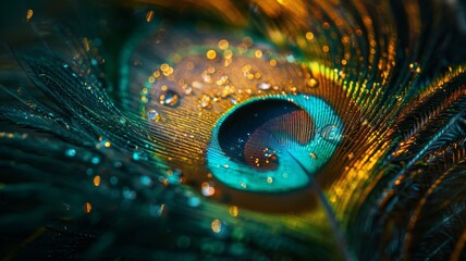 Close-Up of Vibrant Peacock Feather with Water Droplets and Bokeh Effect in Background